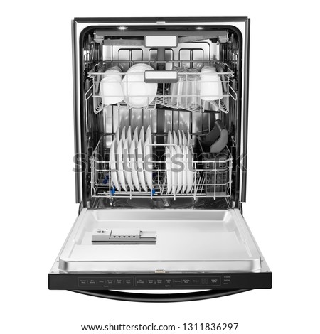 Open Dishwasher Isolated on White Background. Front View of Modern Stainless Steel Built-In Fully Integrated Top Control Dishwasher Range Machine. Household Domestic and Kitchen Appliances