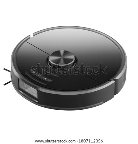 Robot Vacuum Isolated on White. Top Side View Modern Autonomous Smart Robotic Vacuum Cleaner or Roomba. Self-Drive Cleaning Robot. Floor Cleaning System. Small Household & Domestic Appliances
