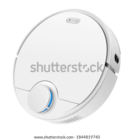 White Robot Vacuum Isolated on White. Front Side View Modern Autonomous Smart Robotic Vacuum Cleaner Roomba. Self-Drive Cleaning Robot. Floor Cleaning System. Small Household & Domestic Appliances