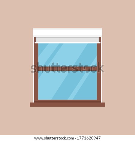 Flat vector illustration of window with shutters. White roller blinds or curtains at the glass window. Cartoon style