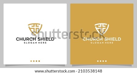 Shield and church line style logo vector design. Premium vector	