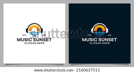 Vector logo design music. Logo headphone with circular sun and sea wave Logo. Premium vector