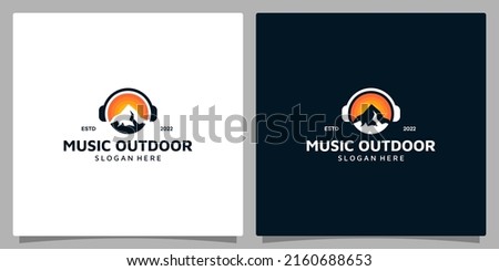 Logo design template Music. Logo headphone with mountain and sun vector design. Premium vector