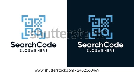 Search barcode logo design template. QR code with magnifying glass logo design graphic vector illustration. Symbol, icon, creative.