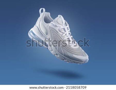 White sneaker on a blue gradient background, men's fashion, sport shoe,  air, sneakers, lifestyle, concept, product photo,  levitation concept, street wear, trainer 商業照片 © 