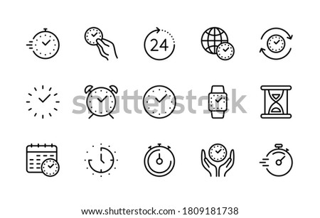 Time and clock, vector linear icons set. Time management. Timer, speed, alarm, recovery, time management, calendar and more. Isolated collection of time for web sites on white background.