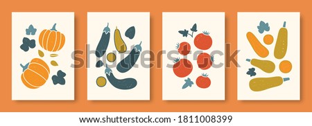 Vector illustration abstract still life of vegetables in pastel colors. Collection of contemporary art. Vector set of vegetables pumpkin eggplant tomato vegetable marrow for social media, posters.