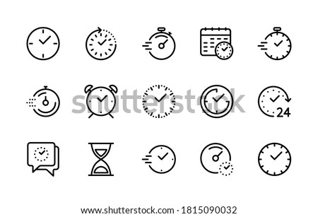 Time and clock, vector linear icons set. Timer, speed, alarm, restore, management, calendar, watch symbols for web and mobile phone on white background. Editable stroke. Vector illustration.
