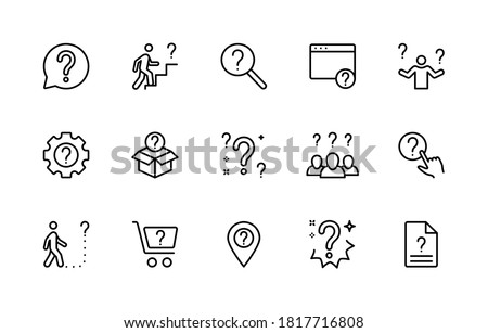 Questions and problems, ask and think, vector linear icons set. Contains icons how to do, unknown road, difficulty, question mark and more. Isolated symbols collection of questions for websites.