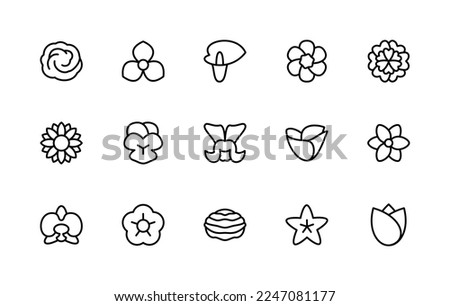 Isolated collection linear icons of flowers. Flora. Orchid, periwinkle, petunia, tradescantia, snapdragon, sunflower, tulip and more. Vector icons of flowers for web sites on white background.