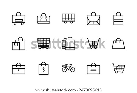 Shopping bag and basket vector linear icons set. Contains such icons as food delivery, consumption, bag, basket, trade brand and more. Isolated icon collection of bag and basket on white background.