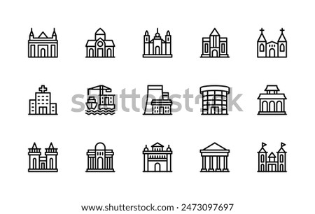 Building and structures vector linear icons set. Contains such icons as university, library, hospital, port, factory, castle and more. Isolated icon collection of buildings on white background.