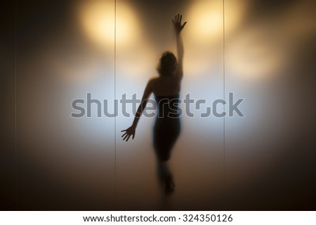 Silhouette of a woman behind a glass wall.