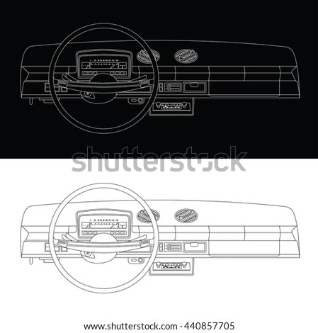 Vector vintage car dashboard in black and white variants.