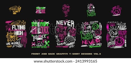 Graffiti t shirt designs set, Urban t-shirt design bundle for print, Streetwear graphic for clothing design. Graffiti poster vector illustration