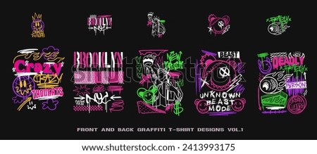 Graffiti t shirt designs set, Urban t-shirt design bundle for print, Graffiti poster vector illustration. Streetwear graphic for clothing design