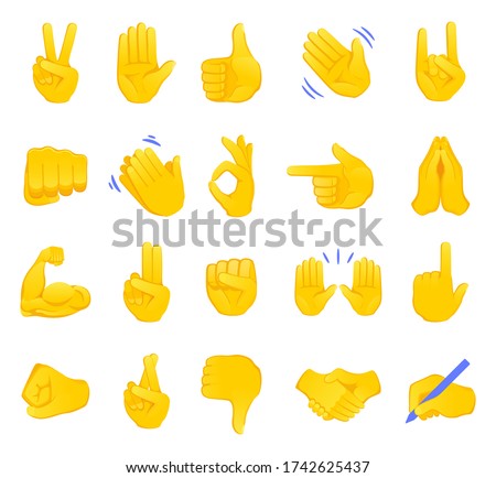 Hand gesture emojis icons collection. Handshake, biceps, applause, thumb, peace, rock on, ok, folder hands gesturing. Set of different emoticon hands isolated vector illustration.