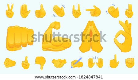  Hand gesture emojis icons collection. Handshake, biceps, applause, thumb, peace, rock on, ok, folder hands gesturing. Set of different emoticon hands isolated vector illustration.