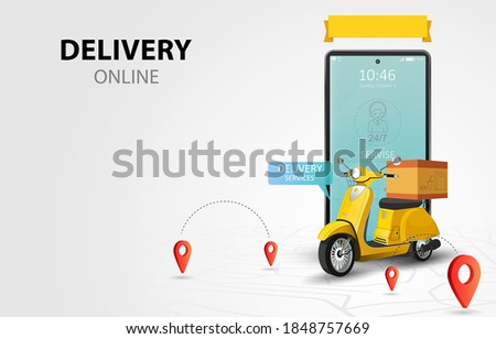 Online delivery service by scooter. Shopping website on a mobile. Food order concept. Web Banner, app template. Vector illustration