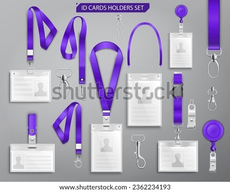 Collection of realistic id badge cards on purple lanyards with strap clips, cord and clasps vector illustration