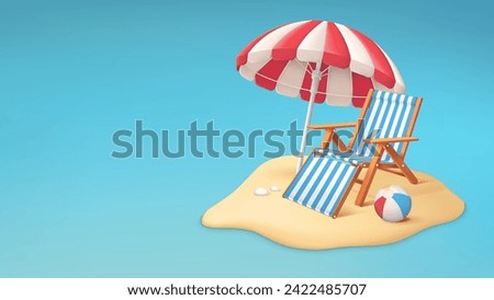 Realistic summer vacation or travel concept with beach chair, umbrella and ball. Tropical sand beach vector illustration 
