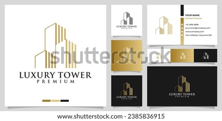 Building tower logo design and business card template vector. Logo design for cityscape, construction, real estate, office, company. Luxury modern minimalist real estate logo.