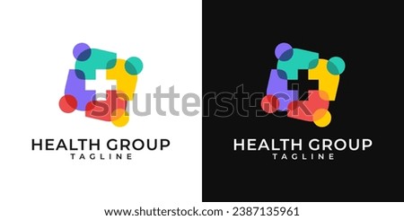 Medical healthcare community group logo. Plus sign logo with people design template. Vector logo of hospital, people, health care, cross symbol, colorful, fun, organic.