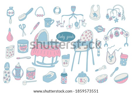 Set of baby goods or stuff. Bottle, rattle, sippy cup, teether, fork, hairbrush, nail scissors, bib, formula, high chair, thermometer, bassinet, potty, bowl. Vector color doodle isolated equipment.