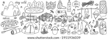 Big set of vector illustrations of tourism and camping equipment in doodle style on white background. Isolated black outline. Hand drawn elements or icons for summer camp, coloring books, posters. 