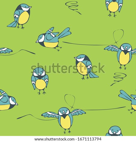 Seamless vector pattern with titmouse on green background. Cartoon funny birds wallpaper design for children. Ideal for fabric, fashion, textile.