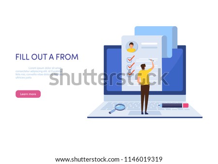 People fill out a form. Online application. Cartoon miniature  illustration vector graphic on white background. Web banner. 
 Imagine de stoc © 