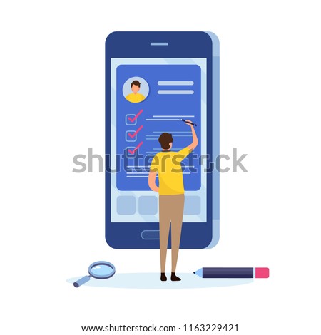 People fill out a form via mobile application. Online application. Cartoon miniature  illustration vector graphic on white background. Web banner. 