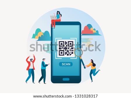 QR code scanning. People scan qr code for payment via smartphone. Flat vector illustration modern character design for a landing page, banner, flyer, poster, web page.