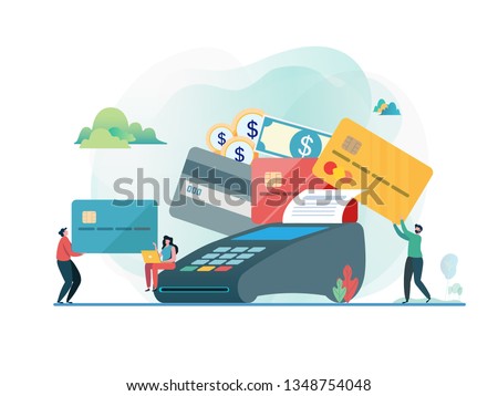 Paid by credit card. Shopping on line. People and credit card machine.  Flat vector illustration modern character design. For a landing page, banner, flyer, poster, web page.