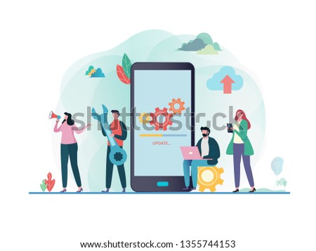 System updates with people updating operation in computing and installation programs. mobile application. Flat vector illustration modern character design. For a landing page, banner, flyer, web page.