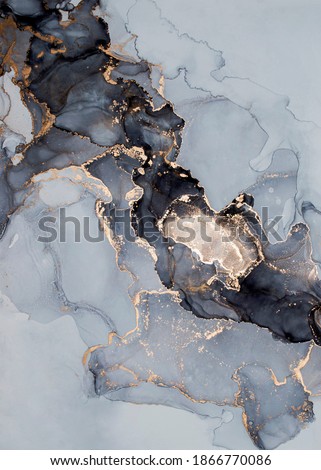 High resolution. Luxury abstract fluid art painting in alcohol ink technique, mixture of black, gray and gold paints. Imitation of marble stone texture, glowing golden veins. Tender and dreamy design.