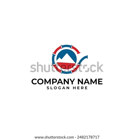 HVAC and plumbing logo with the mountain and pipe as the design element in blue and red color
