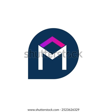 Bubble chat in blue and the letter M as envelope in purple gradient inside the bubble chat for the chatting messaging and calling logo