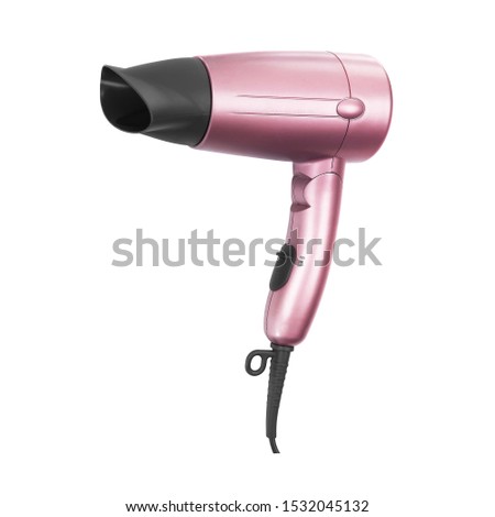Pink Hair Dryer Isolated on White Background. Hair Care Tool. Metallic Rosy Ionic Hairdryer. Domestic Small Appliances. Household Equipment. Electric Home Appliance. Professional Hair Style Tool