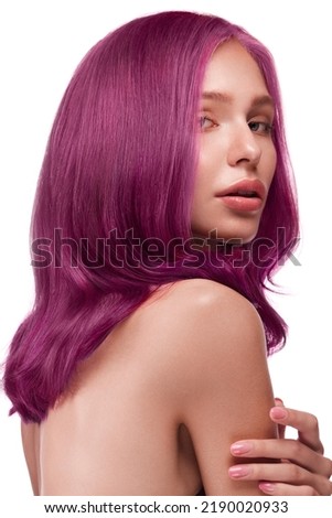 Similar – Image, Stock Photo Woman with purple hair leaning on metal fence and looking away