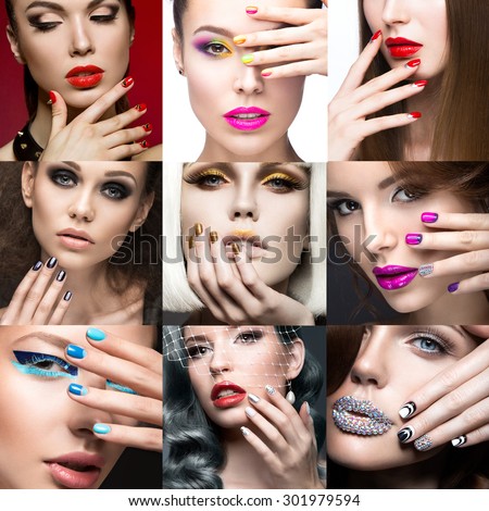 Nail Art Collection. Beauty face. Beautiful girls modeli.  Collage.