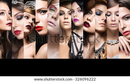 Collection of evening makeup. Beautiful girls. Beauty face.