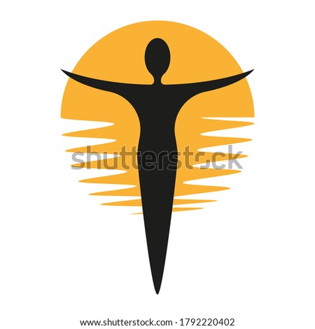 The drawing shows a silhouette of a man with outstretched arms, with the resing 

sun in the background.
