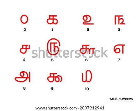 0 to 9 Tamil Numbers vector set. Tamil Digits.