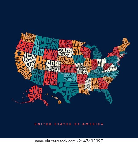 USA map typography. United States of America map typography art. UAS Map lettering with all state's names.