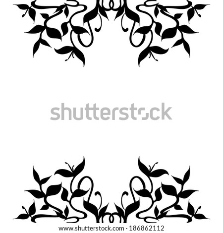 Flourishing Black Plant Silhouette Decoration for Frame Border.  Black silhouette of stylized plant sprouts growing. Elegant flourishing rounded leaves and stems pattern illustration.