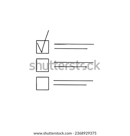 Survey checklist document hand drawn outline isolated on white background. Checkbox clipboard choice list. Selection to do list. Management questionnaire answering organization. 