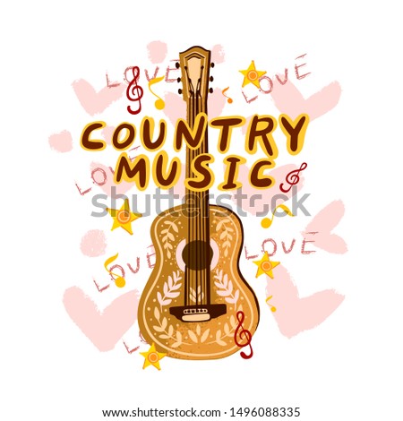 Vector hand drawn poster “I Love Country Music” with acoustic guitar on the background of pink hearts and the word “Love”. For music festival banners, invitations, articles, advertisements. 