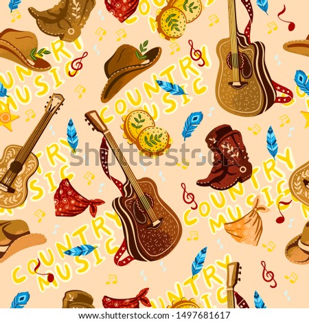 Vector hand drawn seamless pattern “Country Music” with a cowboy hat, guitar, bandana, boots, tambourine and stars. For music festival banners,wrapping, advertisements. 