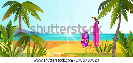 Paradise horizontal landscape with surfboards, pam trees, sand, beach, toucan, ocean.  Summer tropical vacation banner with exotic plants, seashore. Sunny seascape for advertisements, web pages. 